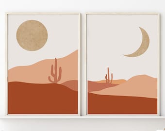 Abstract landscape - boho sun and moon - sun and moon print - set of 2 prints - boho wall decor - terracotta print - mid century modern art