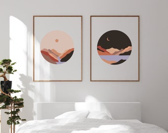 sun and moon wall art - boho wall art set of 2 - set of 2 prints - earth tone wall art - abstract landscape - terracotta wall art - boho