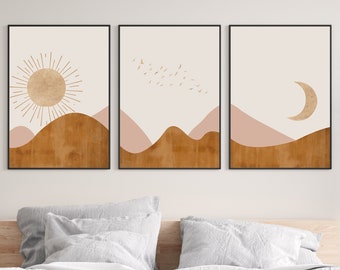 Abstract landscape - sun and moon wall art - boho sun and moon print - set of 3 prints - sun and moon print - terracotta wall art - boho art