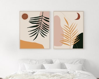 Boho art set of 2 - earth tone wall art - sun and moon wall art - mid century modern art - terra cotta art - set of 2 prints - boho art