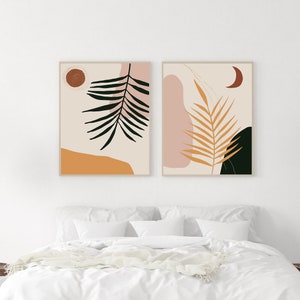 Boho art set of 2 - earth tone wall art - sun and moon wall art - mid century modern art - terra cotta art - set of 2 prints - boho art