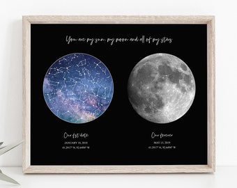 Star Map Moon Print - Valentines Day Gift - Night sky Print - Moon phase print - personalized print - sky map print - moon phase print