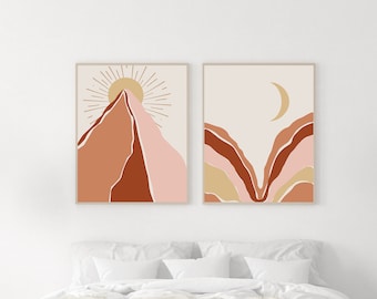 Sun and moon print - neutral wall art - earth tone wall art - moon print wall art - sun and moon wall art set of 2 - terracotta