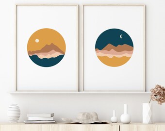 Abstracte landschapsdruk - zon en maanmuurkunst - De kunst van het landschap - terracottamuurkunst - abstracte reeks van de kunstafdruk - bohozon en maandruk