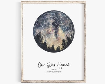 May include: A framed print with a watercolor illustration of a night sky with stars and constellations. The text "Our Stars Aligned" is below the illustration, along with the date "11.11.13" and coordinates "38.6631° N, 96.5771° W".