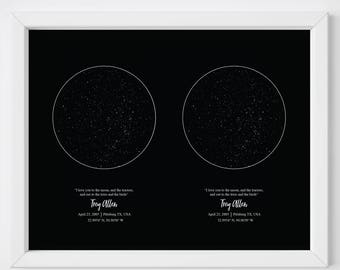 May include: A black and white star map print with two circles showing the constellations on a specific date. The print includes the text "I love you to the moon, and the stars, and out to the trees and the birds." and "Trey Allen" with the date "April 21, 2001 | Pittsburg, TX, USA 32.0947° N, 95.8639° W".