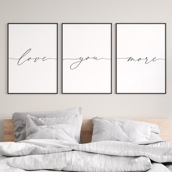 Set of 3 wall art - love you more - above bed decor - living room wall art - love you more sign - romantic wall art - couple wall art - art