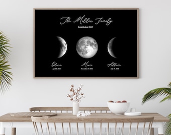 Fases lunares personalizadas - Lámina con fases lunares - Regalo personalizado - Trío de fases lunares - Regalo de aniversario - Decoración para habitación infantil - Regalo de boda - Luna