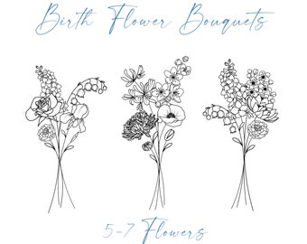 May include: Three black and white line drawings of flower bouquets, each with 5-7 flowers. The bouquets are labeled "Birth Flower Bouquets" and "5-7 Flowers".