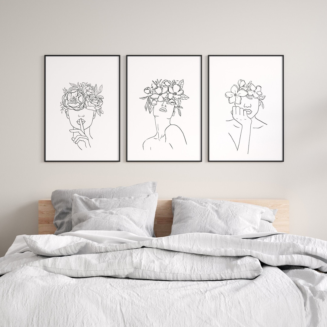 Line Art Woman - Set of 3 Prints - Woman Flower Line Art - Abstract ...