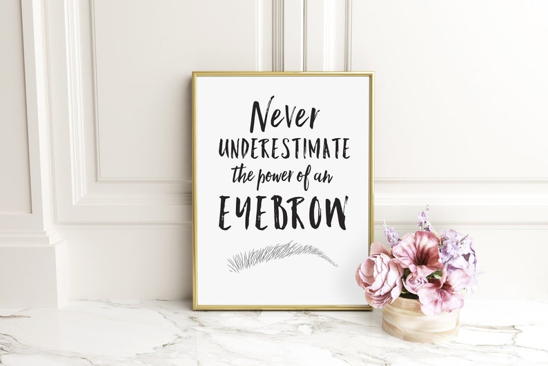May include: A gold framed print with the text "Never underestimate the power of an eyebrow" and a drawing of an eyebrow. The print is sitting on a white marble surface with a vase of pink flowers.