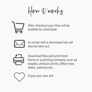 Pu&ograve; includere: Come funziona: Dopo il pagamento, i tuoi file saranno disponibili per il download. Riceverai anche un'e-mail con un link di download. Scarica i file e stampali a casa o presso una tipografia come Staples, Amazon Prints, Office Max, FedEx, Walmart, ecc. Goditi la tua nuova opera d'arte!