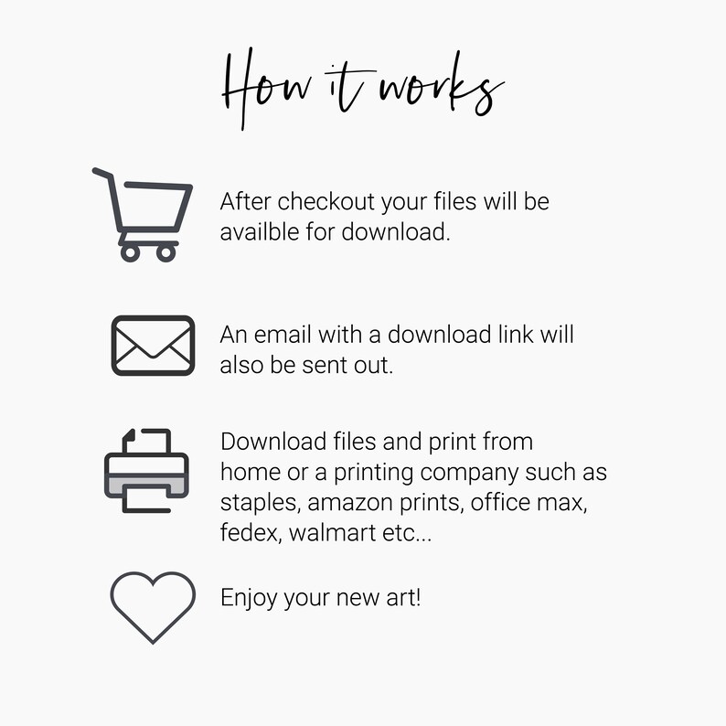 Pu&ograve; includere: Come funziona: Dopo il pagamento, i tuoi file saranno disponibili per il download. Riceverai anche un'e-mail con un link di download. Scarica i file e stampali a casa o presso una tipografia come Staples, Amazon Prints, Office Max, FedEx, Walmart, ecc. Goditi la tua nuova opera d'arte!