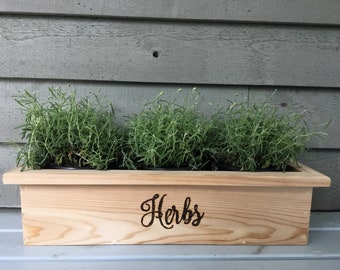 Cedar Wood Planter Box for Herbs , Wood Planter with Pyrographed Lettering