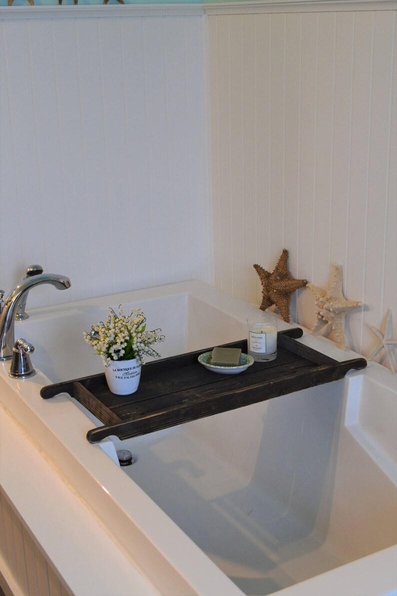 Black Stained Bath Tray Wood Bath Caddy Recycled Wood Etsy Canada