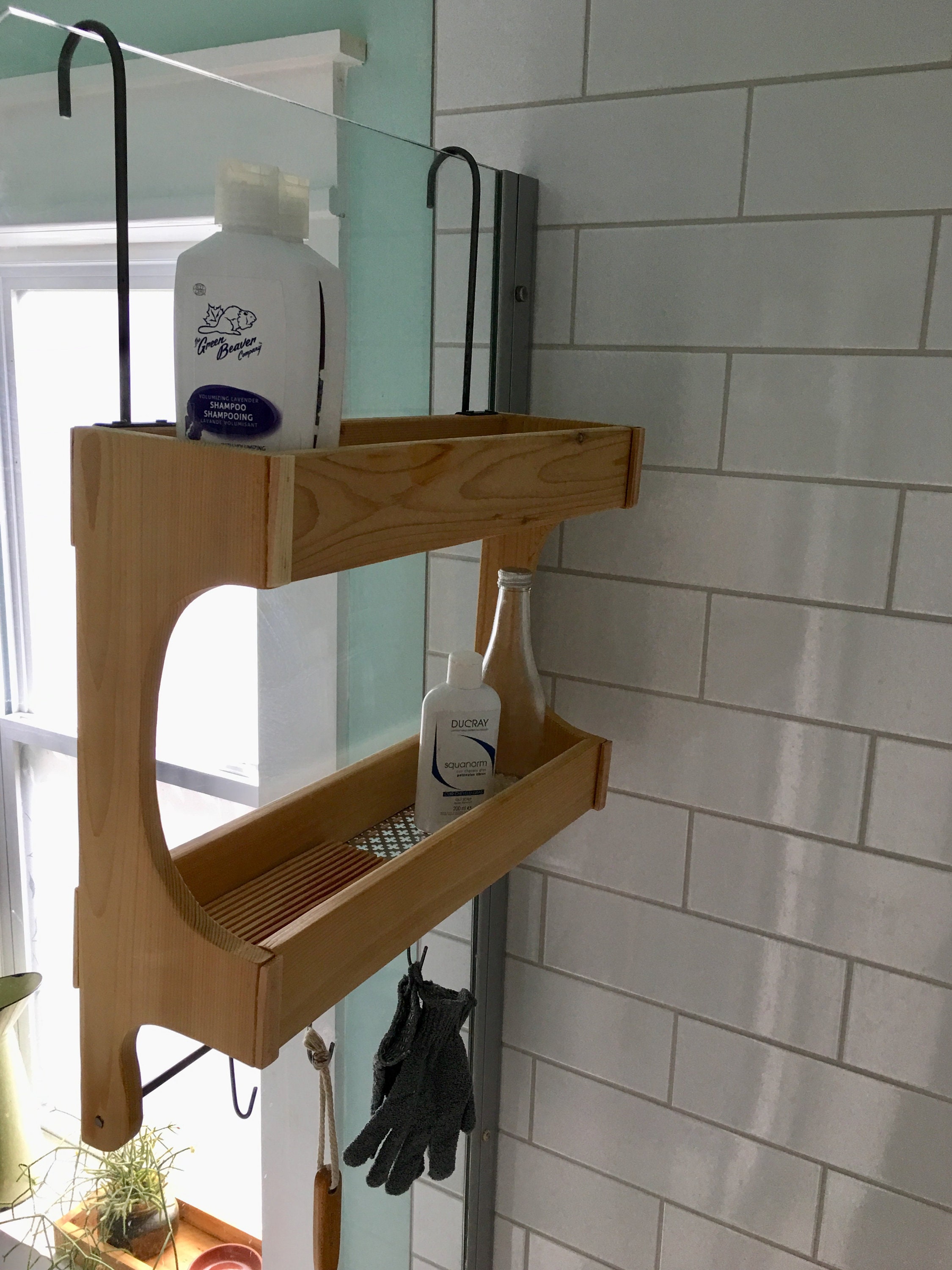 Stained Cedar Wood Shower Caddy Double Shelf with Steel Bar and