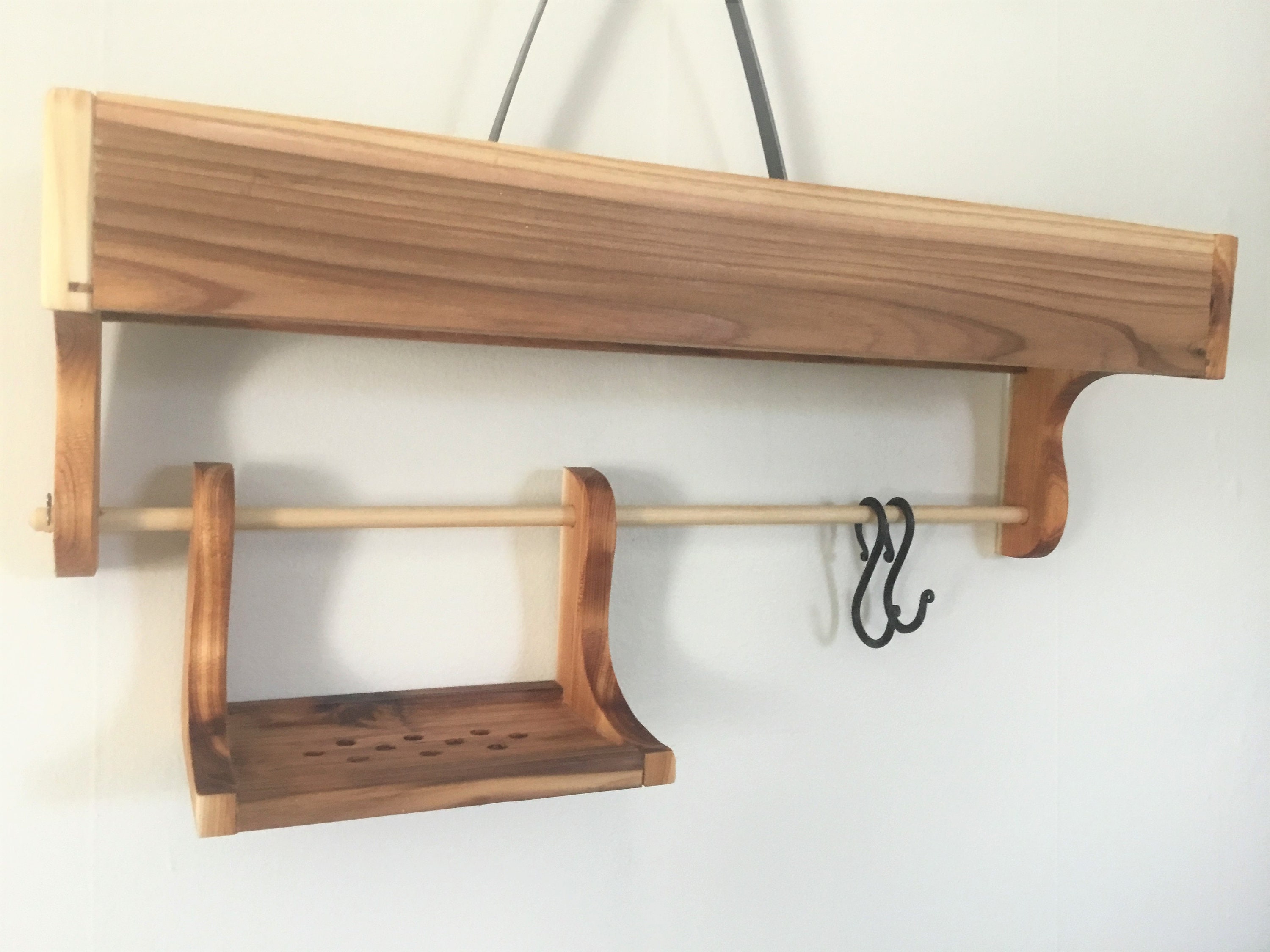 Stained Cedar Wood Shower Caddy Double Shelf with Steel Bar and