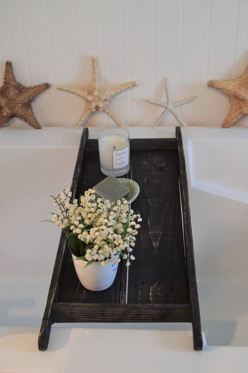 Recycled Wood Bathtub Tray Wood Bath Caddy Black Stain Etsy