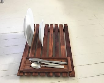 Dish Drying Tray with Utensil Holder , Cedar Drying Rack with Small Brush or Sponge Tray