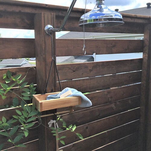 Outdoor Cedar Shower Caddy Rustic Style Exterior Shower Etsy