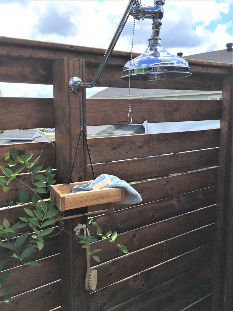 Outdoor Cedar Shower Caddy , Rustic Style Exterior Shower Storage image 1