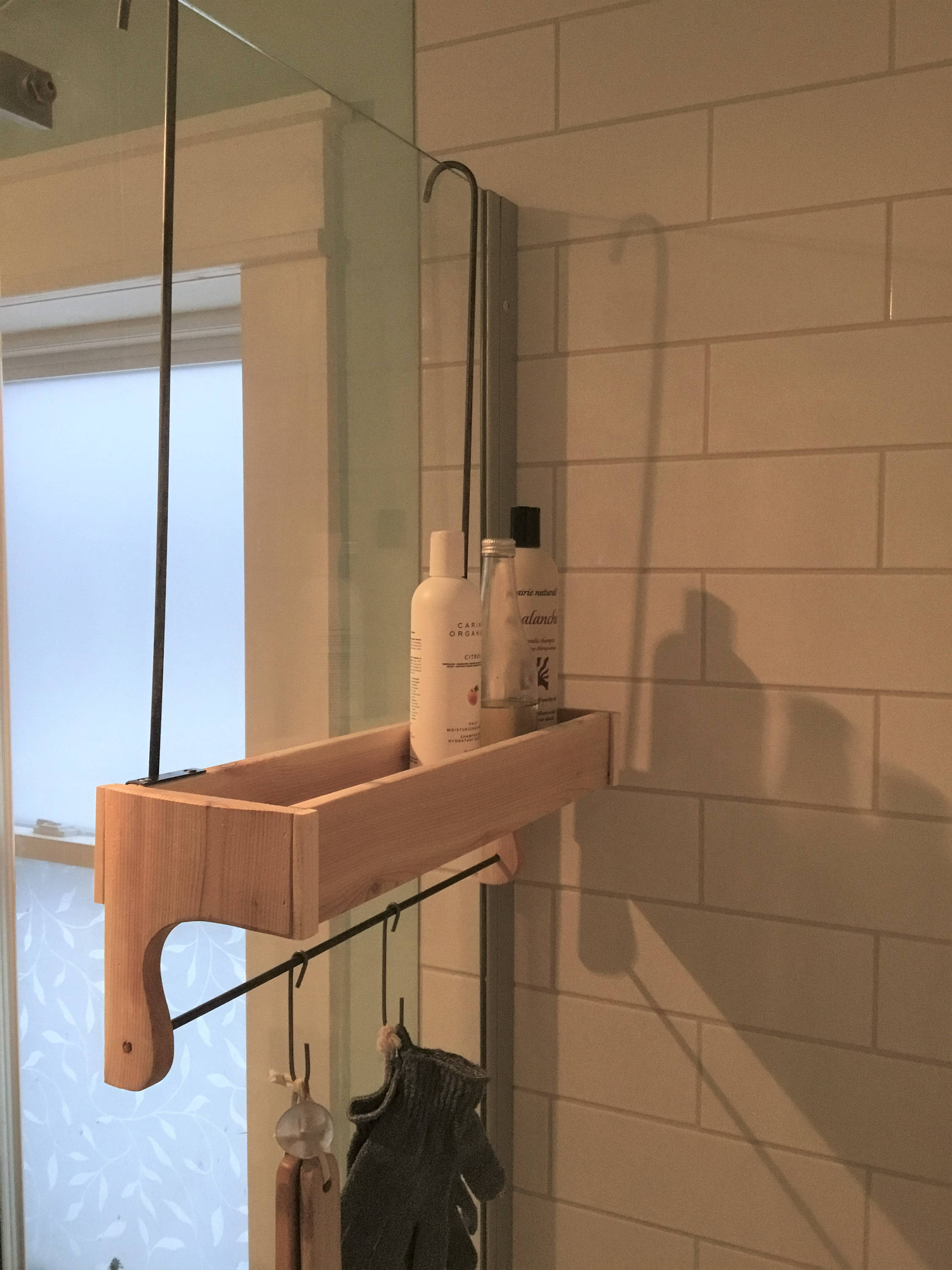 Stained Cedar Wood Shower Caddy Double Shelf with Steel Bar and