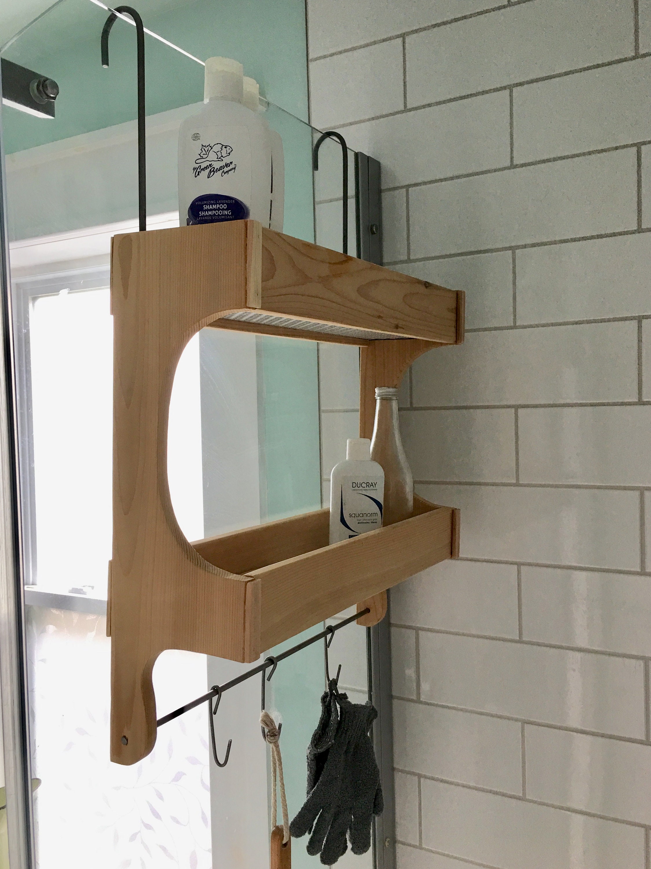 Stained Cedar Wood Shower Caddy Double Shelf with Steel Bar and Hooks –  Sharon M for the Home