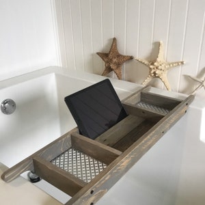 Barn Wood Gray Bath Tray ,  Wood Bath Caddy , Custom Made to Order , Farmhouse Style , Tablet Holder