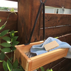 Outdoor Cedar Shower Caddy , Rustic Style Exterior Shower Storage image 3