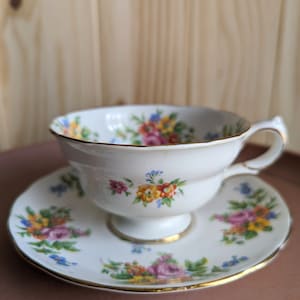 Copelands Grosvenor English China Floral Teacup and Saucer | Orange and Yellow Flower Cup | Multicolored Teacup