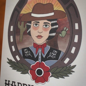 Biglietto di auguri da cowgirl Happy Trails, biglietto di auguri per la laurea con un nuovo lavoro e un cambio di vita, cancelleria illustrata del deserto del sud-ovest, stile tatuaggio tradizionale