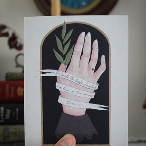 Cartão de simpatia com versículo bíblico, ilustração de mão em estilo vitoriano, Salmo 147 Ele cura os corações partidos, encorajamento cristão para tristeza, perda