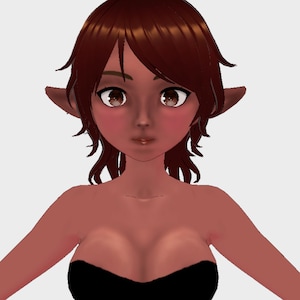 May include: A digital illustration of a female character with brown hair, pointed ears, and a black strapless top. The character has a light brown complexion and brown eyes.