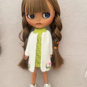 Outfit. Long embroidered cardigan and dress for Blythe or similar doll.