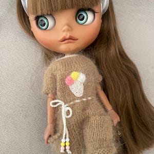 Knitted Overall/Jumpsuits with Ice-cream cones and two buttons at the back for Blythe or similar dolls.
