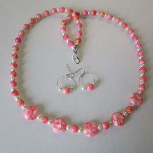 Bubblegum pink beaded necklace with matching pierced earrings - # 415