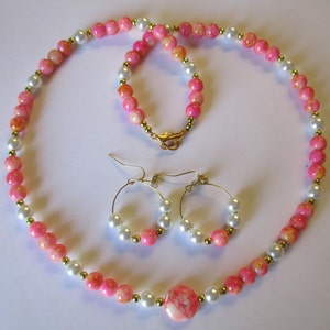 Bubble gum pink beaded necklace with matching pierced earrings - # 535