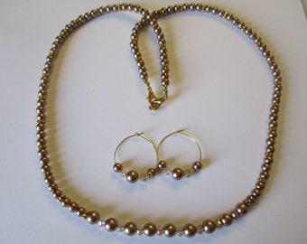 Beautiful light brown beaded necklace with matching pierced earrings - # 495