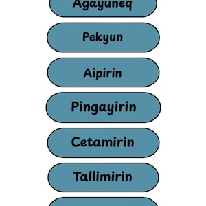 May include: A white background with the text "Erenret nitiilim iluani" at the top. Below are seven blue ovals with Yup'ik words: Agayuneq, Pekyun, Aipirin, Pingayirin, Cetamirin, Tallimirin, and Maqineq. Copyright information is at the bottom.