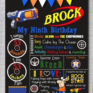 Puede incluir: Un cartel de cumpleaños de pizarra negra para un niño llamado Brock que celebra su noveno cumpleaños. El cartel incluye sus cosas favoritas, como la película Alvin y las Ardillas, la canción Cake by the Ocean, las hamburguesas con queso y las papas fritas, andar en bicicleta y correr, el color verde y los Astros de Houston. El cartel también incluye un dibujo de un niño sosteniendo una pistola de juguete y el texto "Quiero ser una estrella de rock cuando crezca."