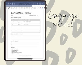 Sjabloon voor taalleernotities | Pagina's voor woordenschat en grammatica | Afdrukbare digitale download