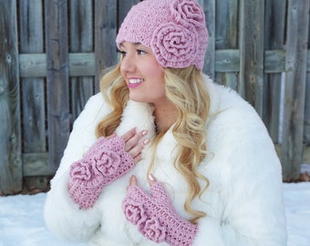 Crochet woman set. Hat/mittens pattern.  PDF pattern. Woman hat/mittens ROSES pattern.Winter hat/mittens crochet pattern.Winter woman hat.