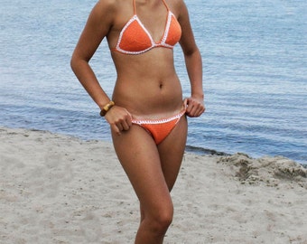 Crochet bikini. Orange color crochet bikini. Beach wear.