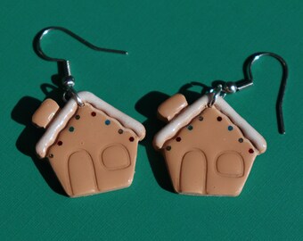 Polymer Clay Gingerbread House Earrings, Glitter Snow Christmas Jewelry