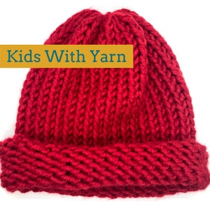 May include: A vibrant red knit beanie with a folded brim. The hat is made of thick yarn and features a prominent ribbed texture. The text "Kids With Yarn" is displayed on a yellow background.