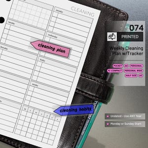May include: A printed weekly cleaning plan with tracker, featuring a grid layout for daily tasks. Includes a pink "cleaning plan" tab and a blue "cleaning habits" tab. The planner is undated and can start on Monday or Sunday.