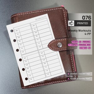 May include: A brown leather planner with a white workout sheet. The sheet is labeled "WORKOUTS" and has spaces for daily entries. The planner has a snap closure and the text "PRINTED" and "Weekly Workouts 4-PP" are visible.