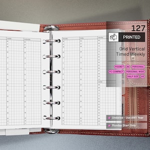 May include: A printed weekly planner insert with a grid layout, featuring time slots from 6 AM to 11 PM. The insert is designed for various planner sizes, including Pocket, A6, Personal, FC Compact, Personal Wide, and Half Size A5. The planner is undated and starts on Mondays.