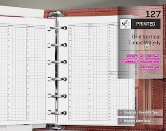 May include: A printed weekly planner insert with a grid layout, featuring time slots from 6 AM to 11 PM. The insert is designed for various planner sizes, including Pocket, A6, Personal, FC Compact, Personal Wide, and Half Size A5. The planner is undated and starts on Mondays.