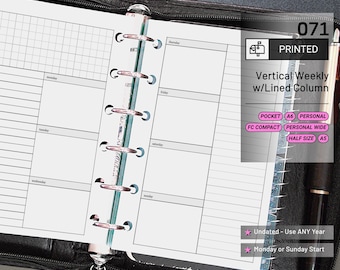 May include: Open black leather planner with a vertical weekly layout. The white pages have lined columns for each day. Text on the page reads "Vertical Weekly w/Lined Column". Additional text includes "Undated - Use ANY Year" and "Monday or Sunday Start".